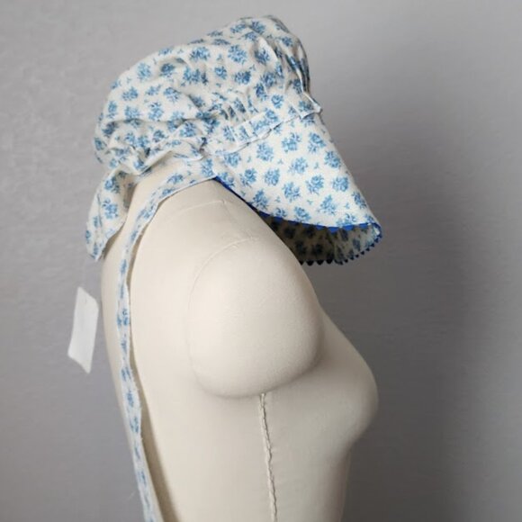 VINTAGE Prairie Cottagecore Blue Floral Sun Bonnet Hat with Ruffle Ties NEW - Picture 8 of 10